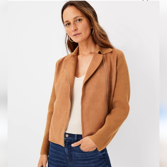 Ann Taylor Faux Suede Moto Sweater Jacket LP - Picture 1 of 6